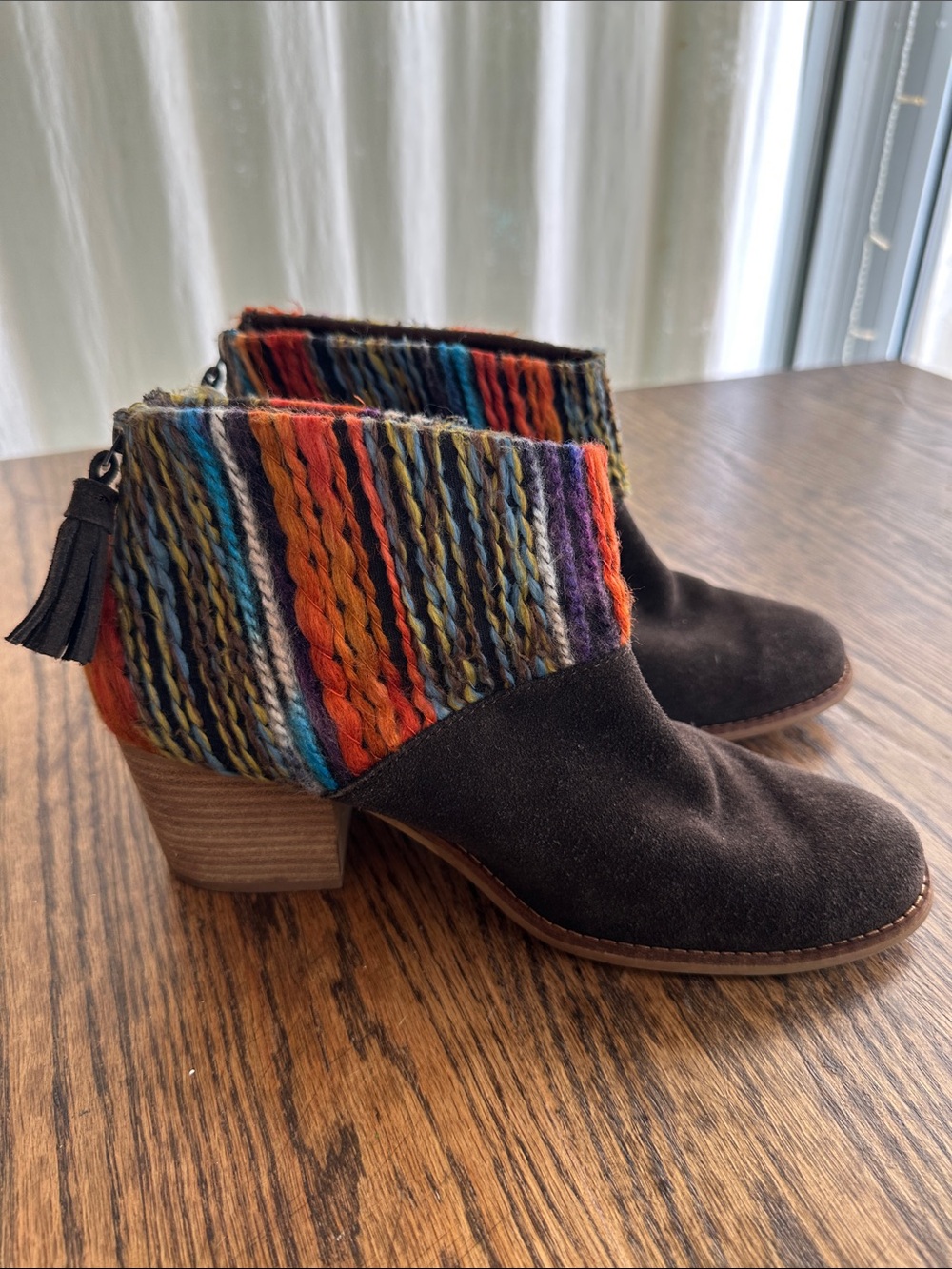 TOMS Leila Chocolate Brown Suede Textile Ankle Booties 9 Western Colorful Boho